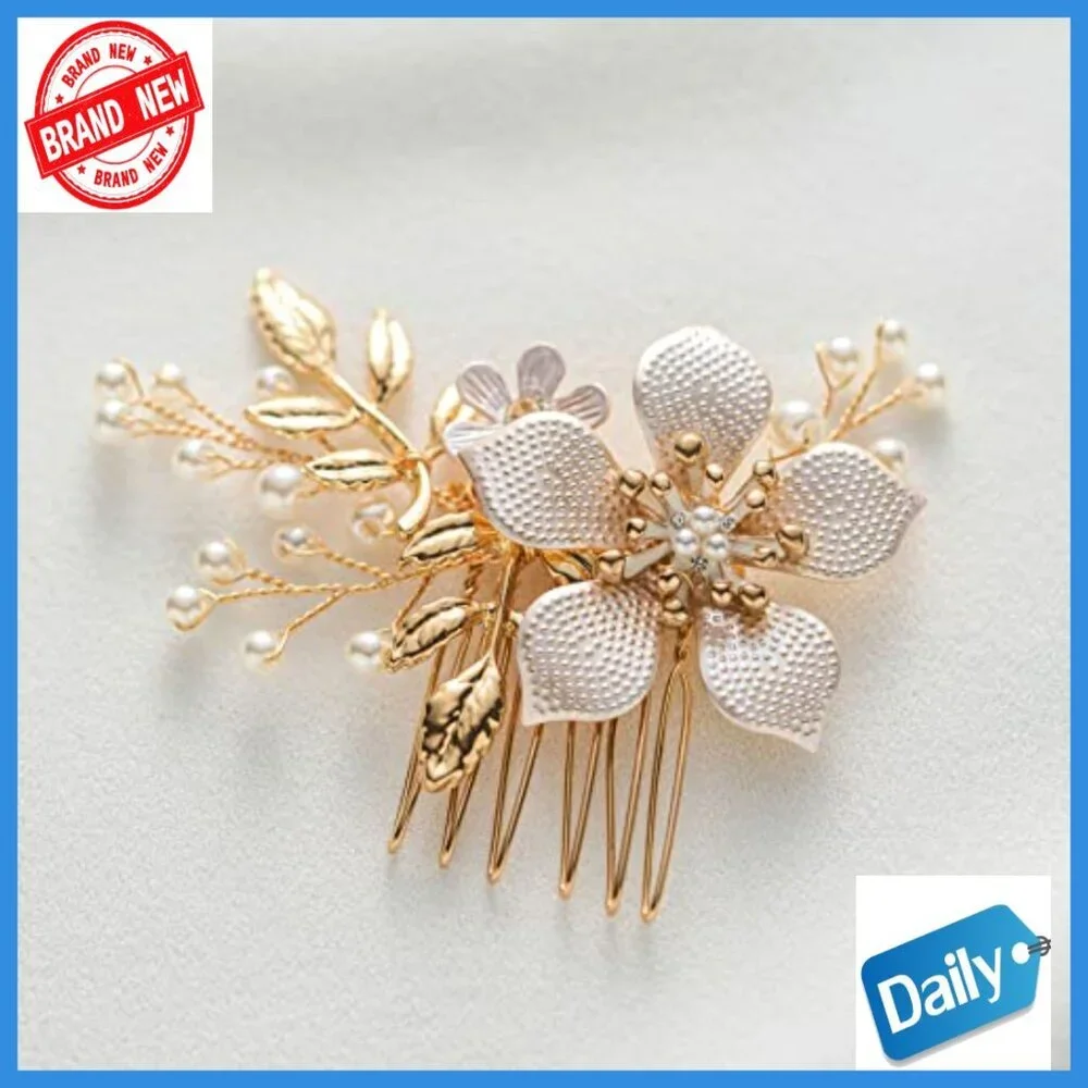 Floral Bridal Hair Comb with Pearls, Gold Plated Wedding Hair Clip - Picture 4 of 6